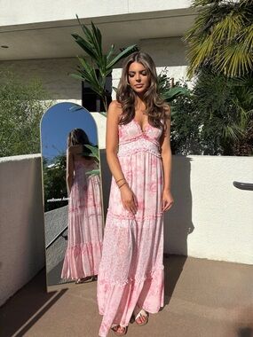 Altar'd State Pink Floral Lace-Trim Maxi Dress